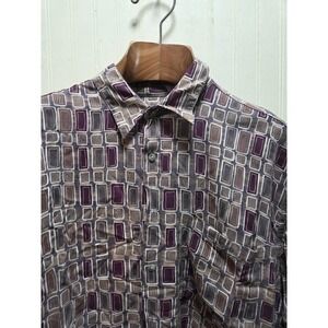VINTAGE Pierre Cardin Shirt Mens Large Purple Brown‎ Geometric Short Sleeve 90s